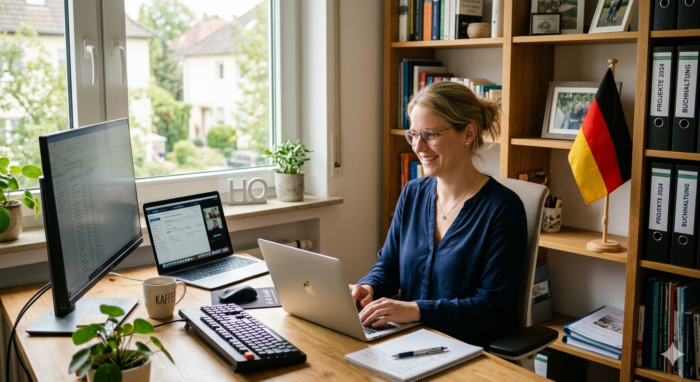 Arbeitnehmer arbeitet im Homeoffice am Laptop – rechtliche Rahmenbedingungen in Deutschland